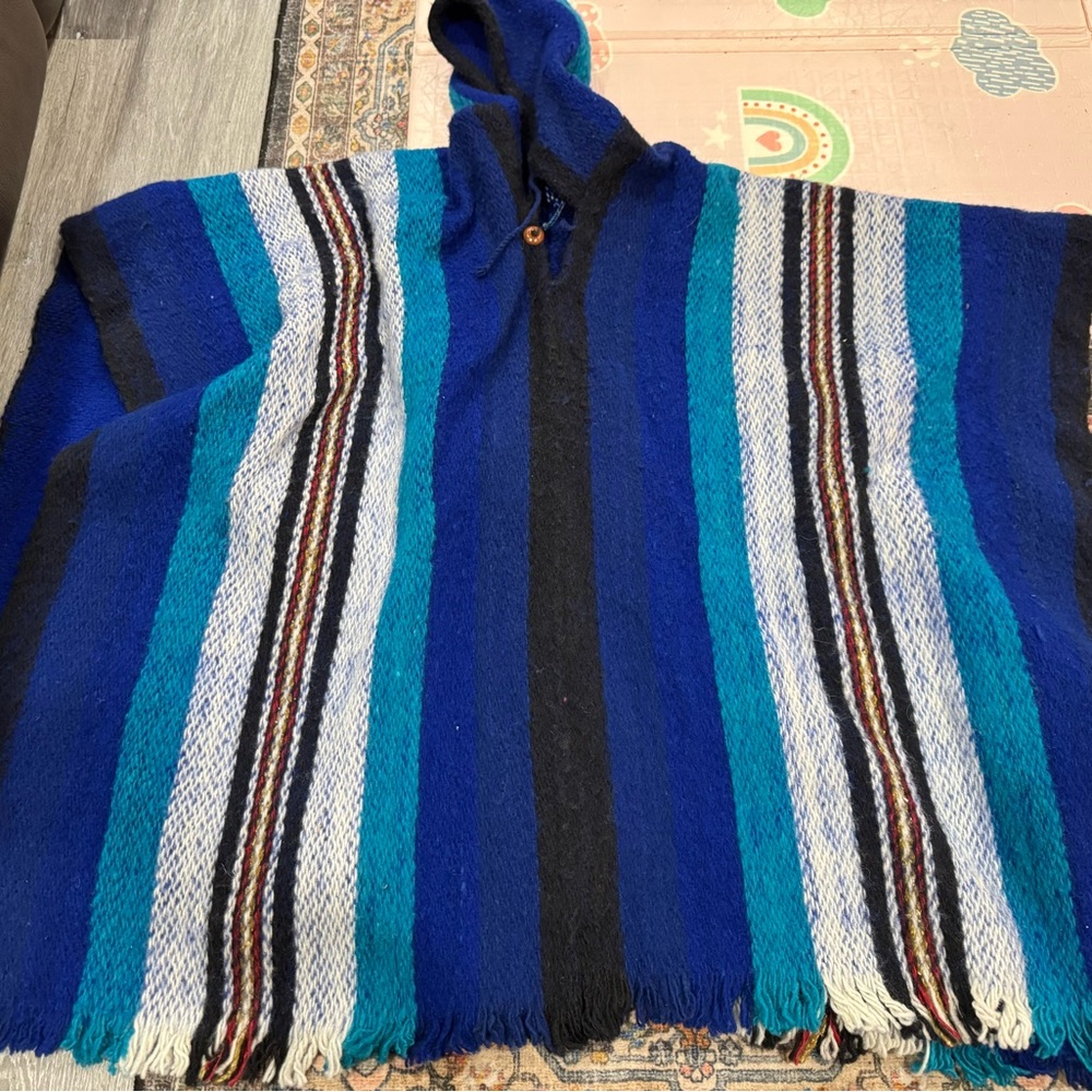 Blue Striped Hooded Poncho. Vintage . One size